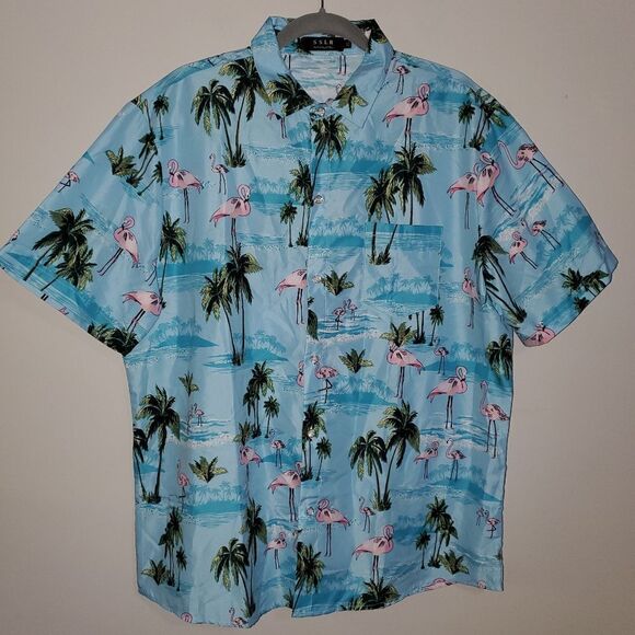 SSLR BLUE PINK FLAMINGO TROPICAL PRINT BUTTON DOWN SHIRT SIZE XL - Picture 1 of 5